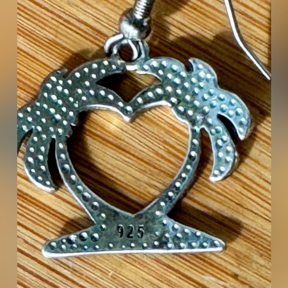 925 Sterling Silver Blue Opal Heart/Palm Tree Shape Dangle Earrings French Wire - Picture 6 of 10